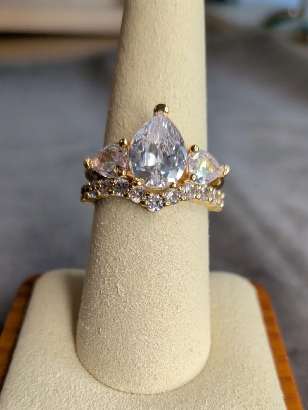 Wedding Set: Gold Fill Pear Cubic Zirconia Crown Ring Size 8